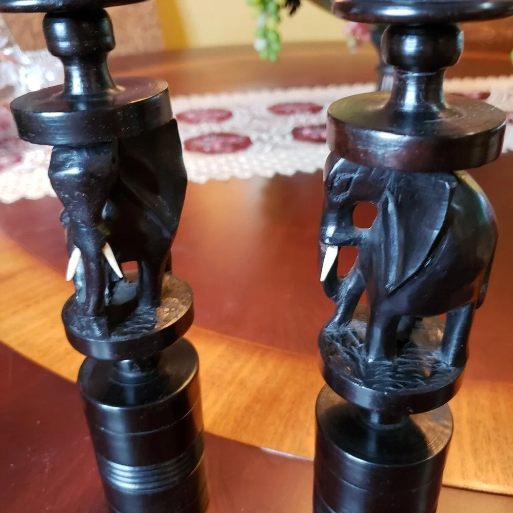 Pair of Hand Carved Ebony Wood African Elephants Candlesticks/Candle Holders
